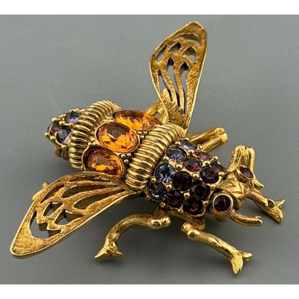 Vintage Joan Rivers Bee Brooch Gold Tone Rhinestone Figural Insect Pin Large 2.5